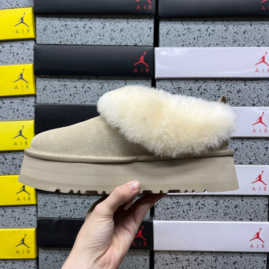 UGG Platform Slippers in Sand with Cream Plush Collar