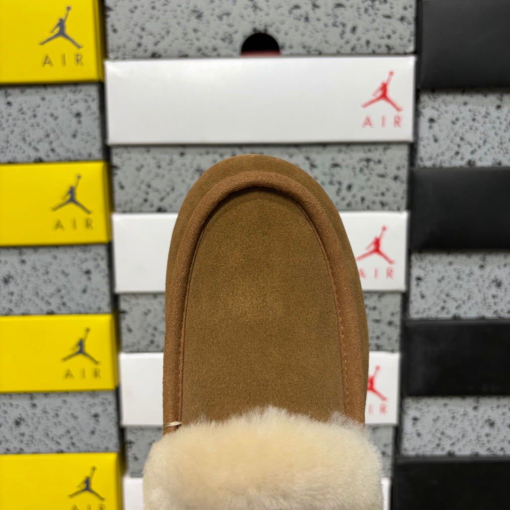 UGG Moccasin Slippers in Chestnut with Cream Plush Collar