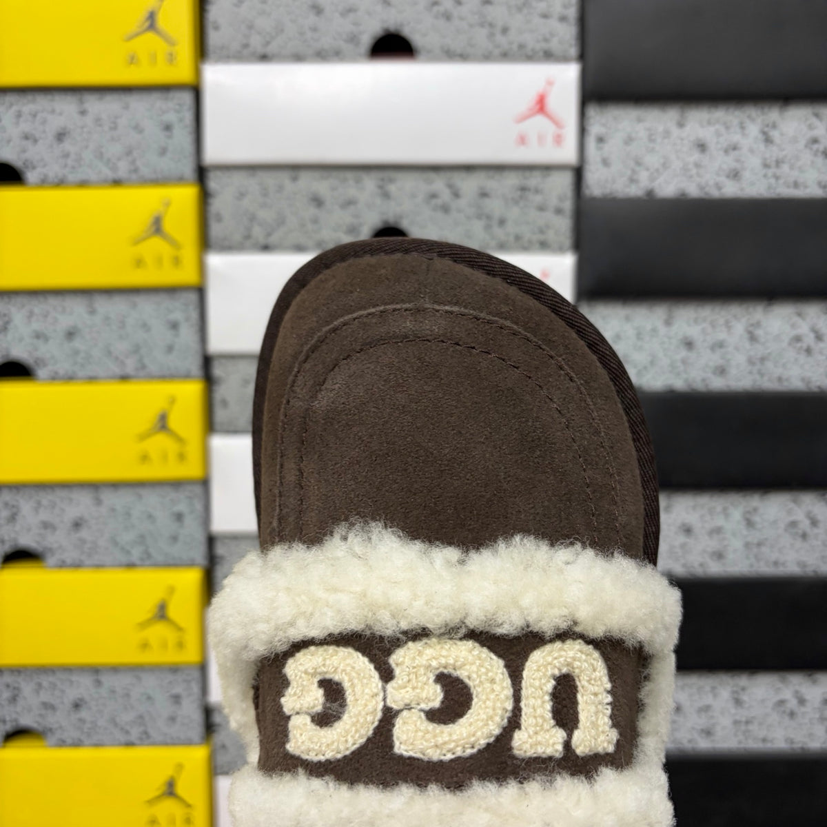 UGG Mule Slippers in Chocolate Brown with Cream Plush Trim