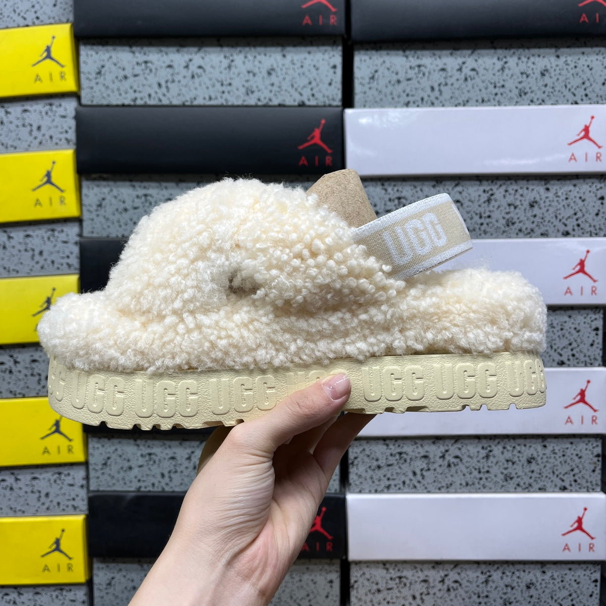 UGG Fluffy Platform Sandals in Beige with Crossover Straps