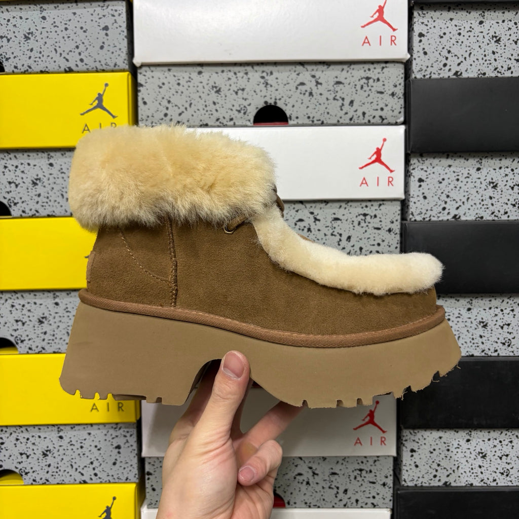 UGG Platform Slippers in Chestnut with Cream Plush Collar