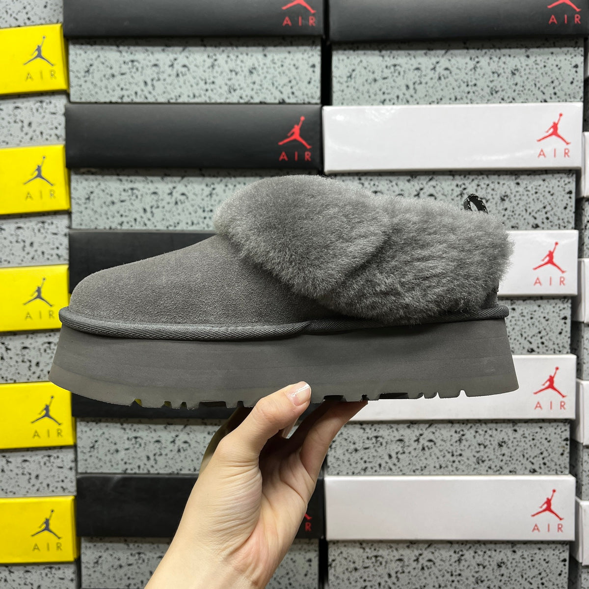 UGG Platform Slippers in Gray with Plush Collar