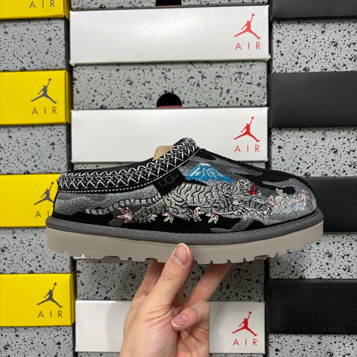 UGG Black Slip-On Shoes with Dragon and Tiger Embroidery