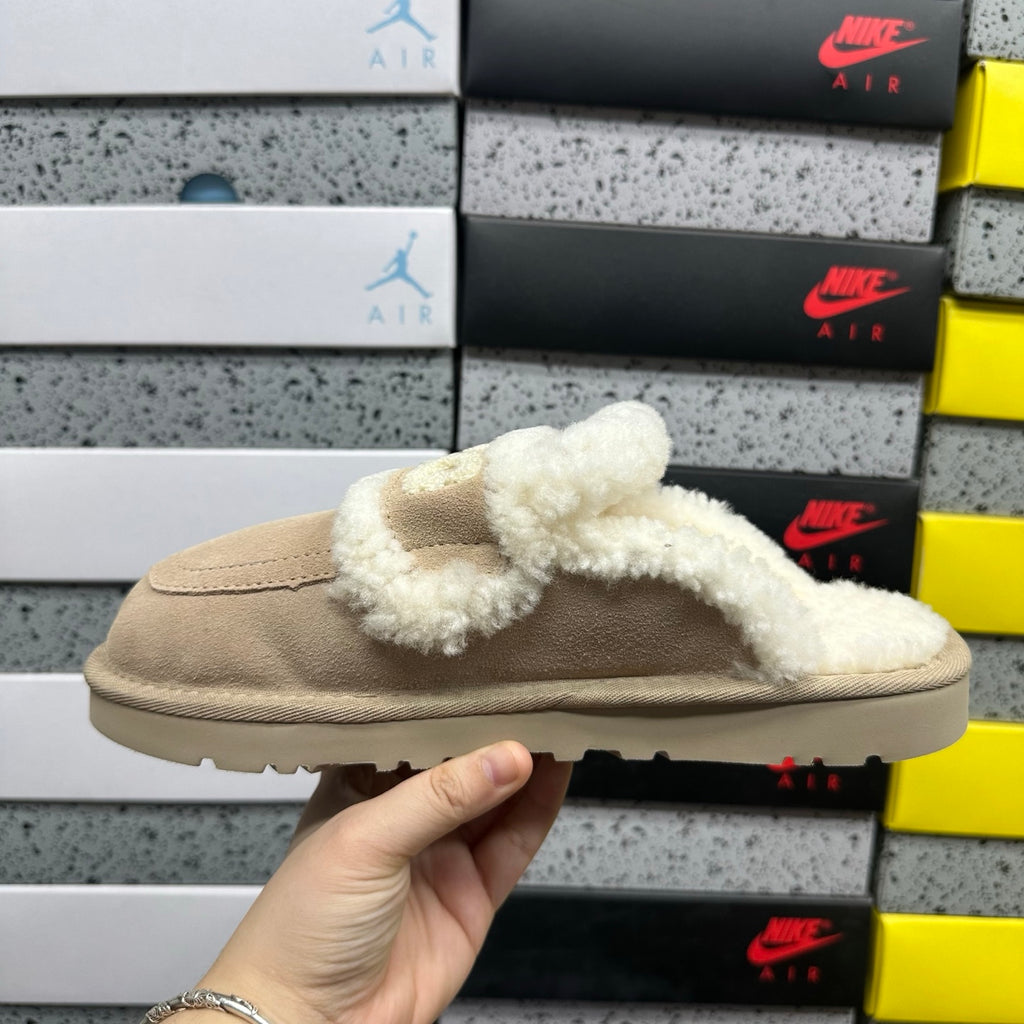 UGG Embroidered Mule Slippers in Khaki with Cream Plush Trim