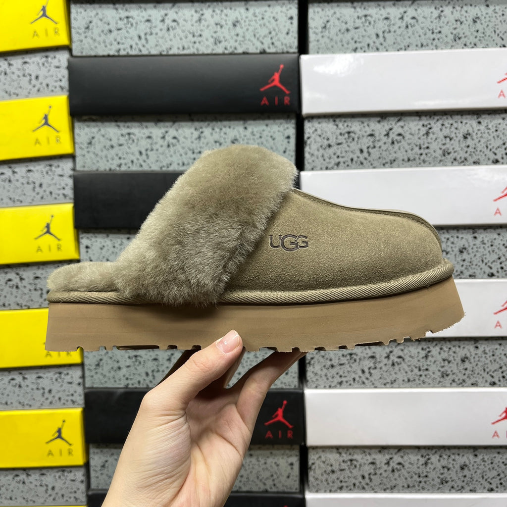 UGG Platform Slippers in Antelope Brown with Plush Collar