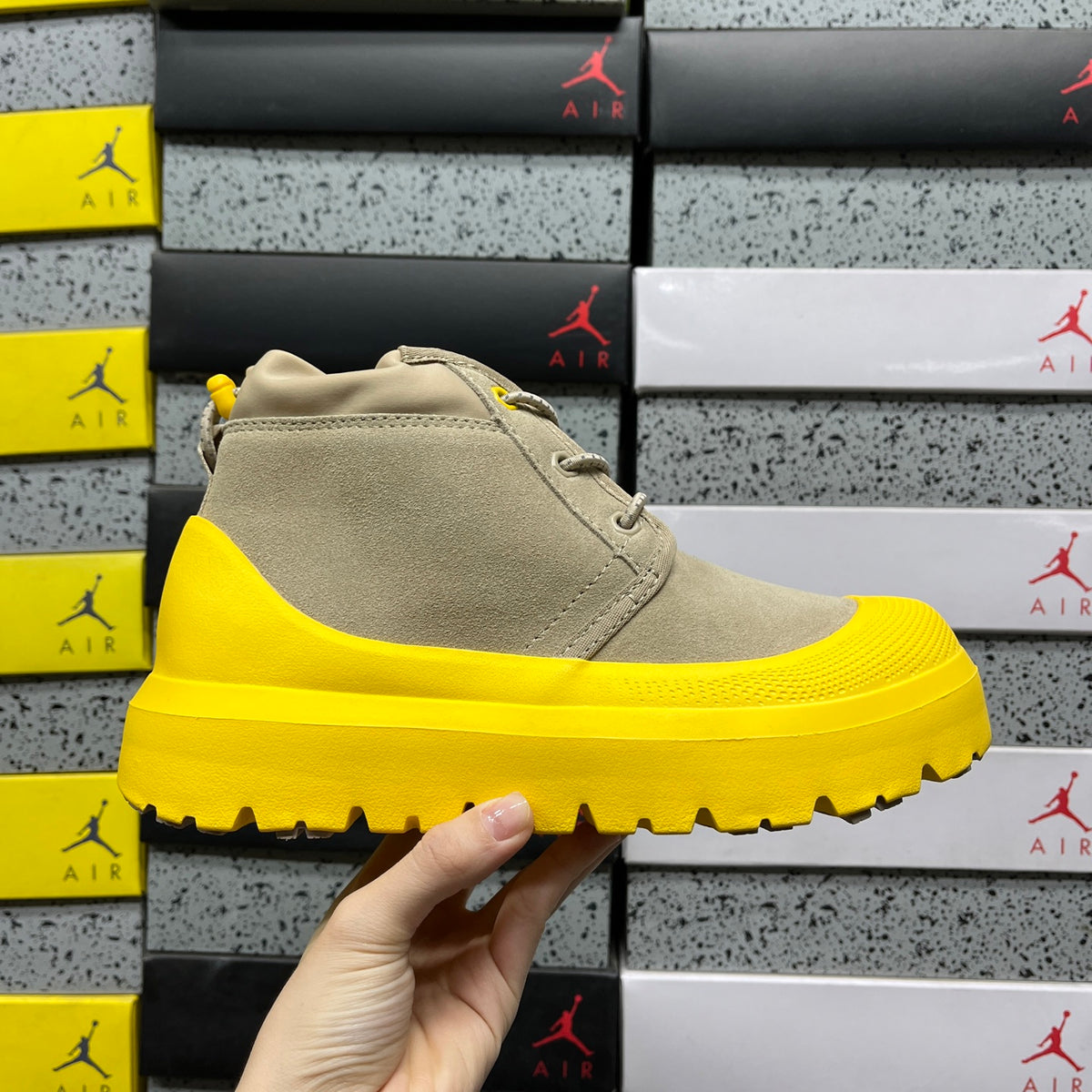 UGG Lace-Up Ankle Boots in Beige with Yellow Chunky Lug Sole