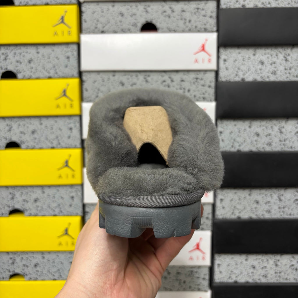UGG Gray Mule Slippers with Plush Collar and Notched Sole