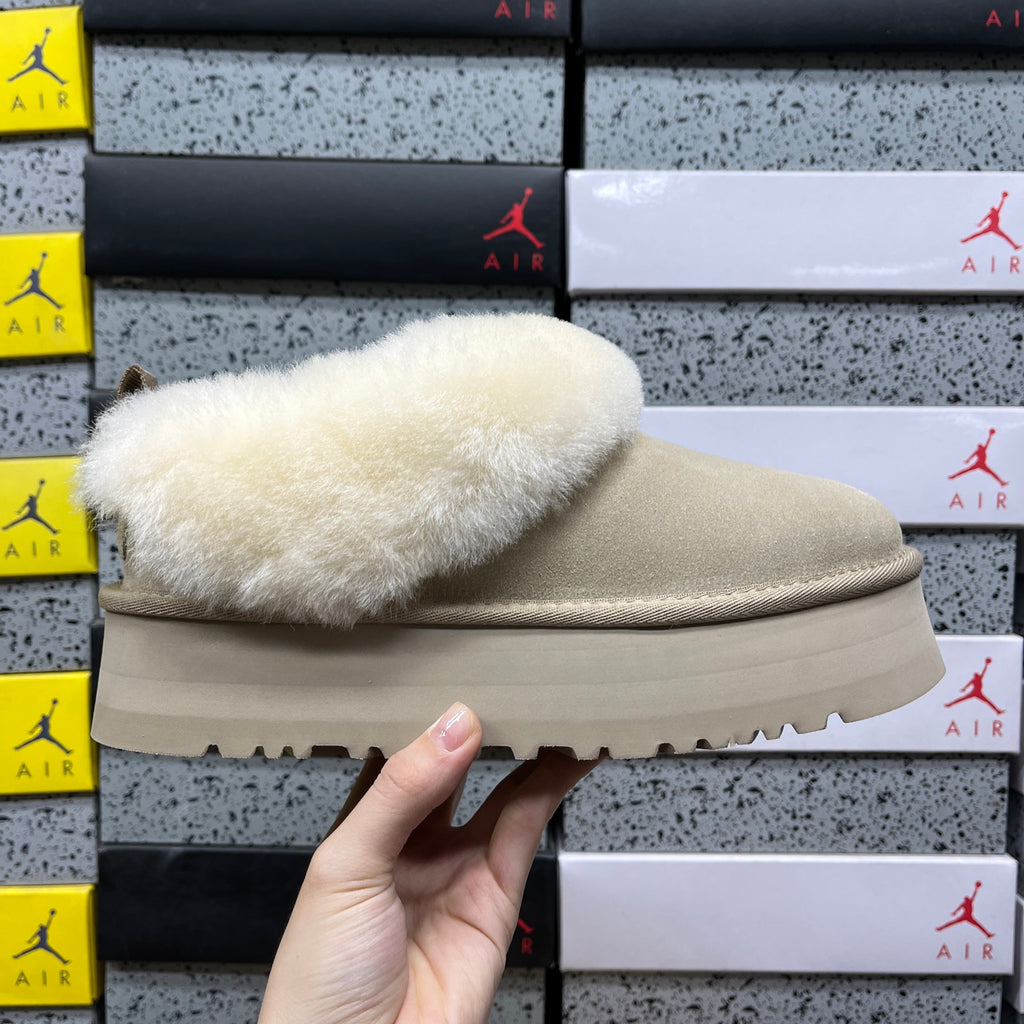 UGG Platform Slippers in Sand with Cream Plush Collar