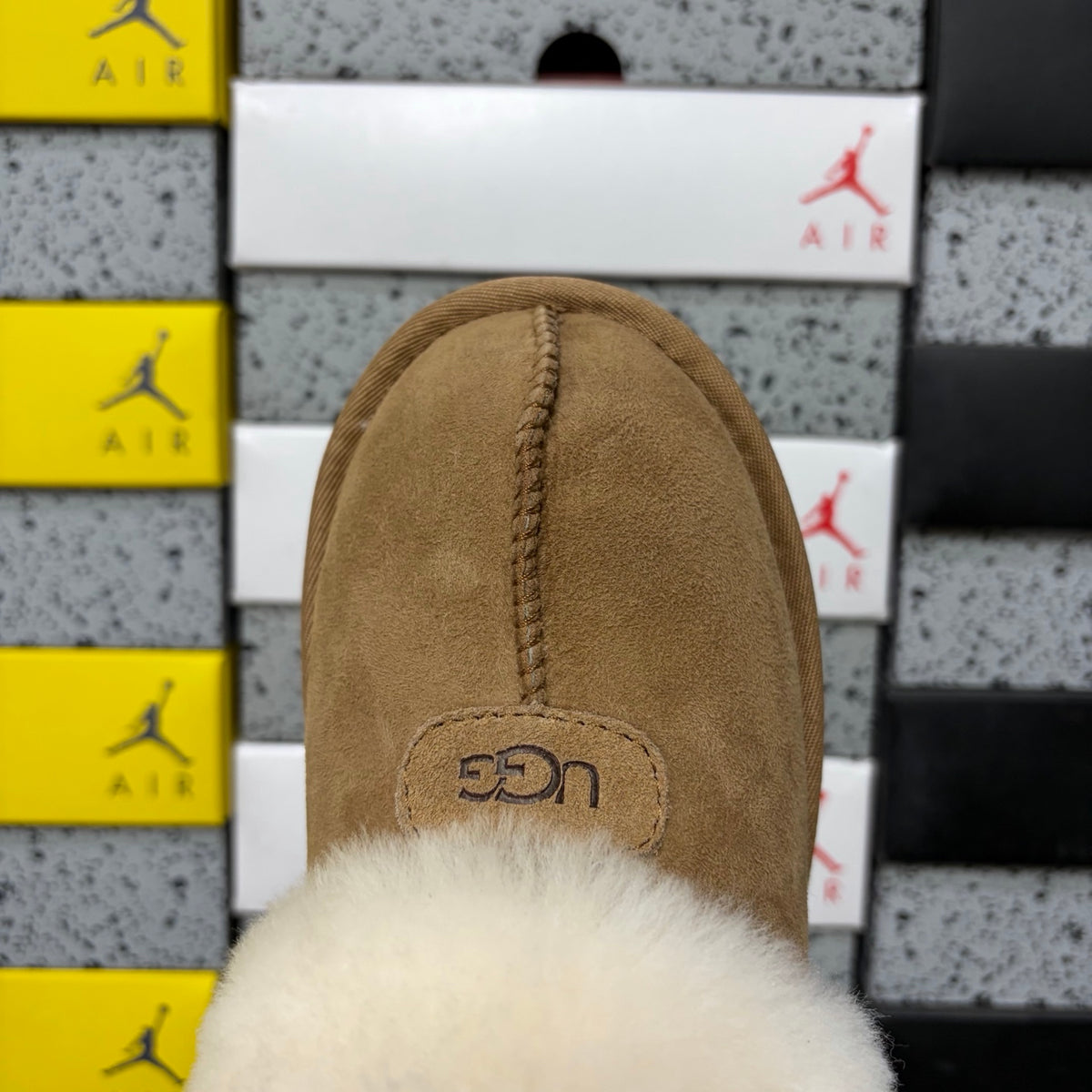 UGG Chestnut Mule Slippers with Cream Plush Collar and Notched Sole