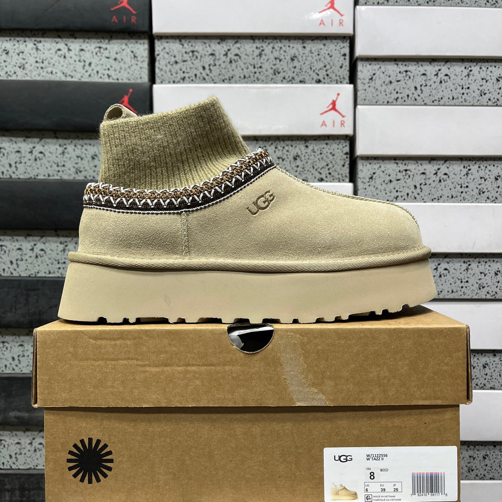 UGG Platform Ankle Boots in Mustard Seed with Ribbed Knit Collar