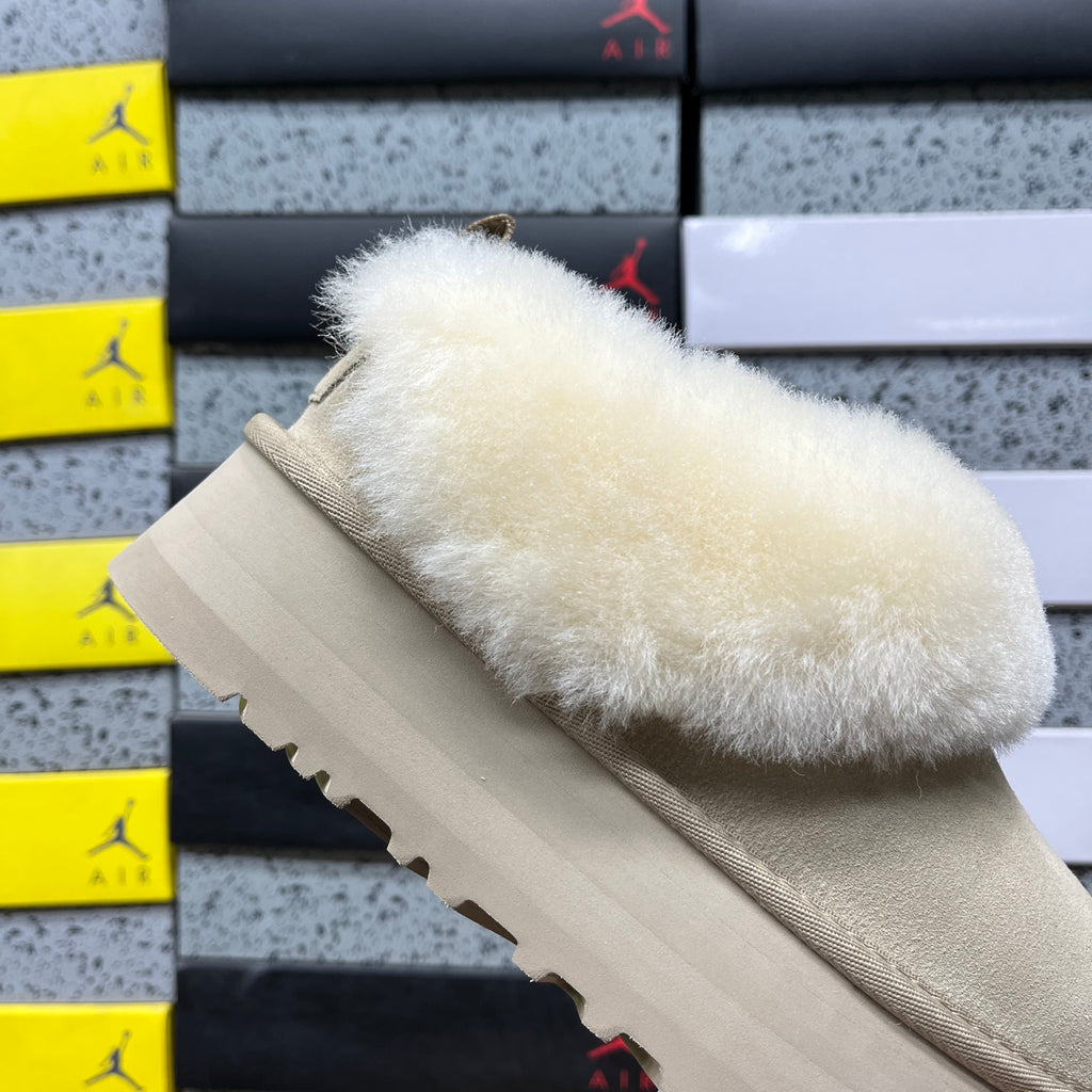 UGG Platform Slippers in Sand with Cream Plush Collar