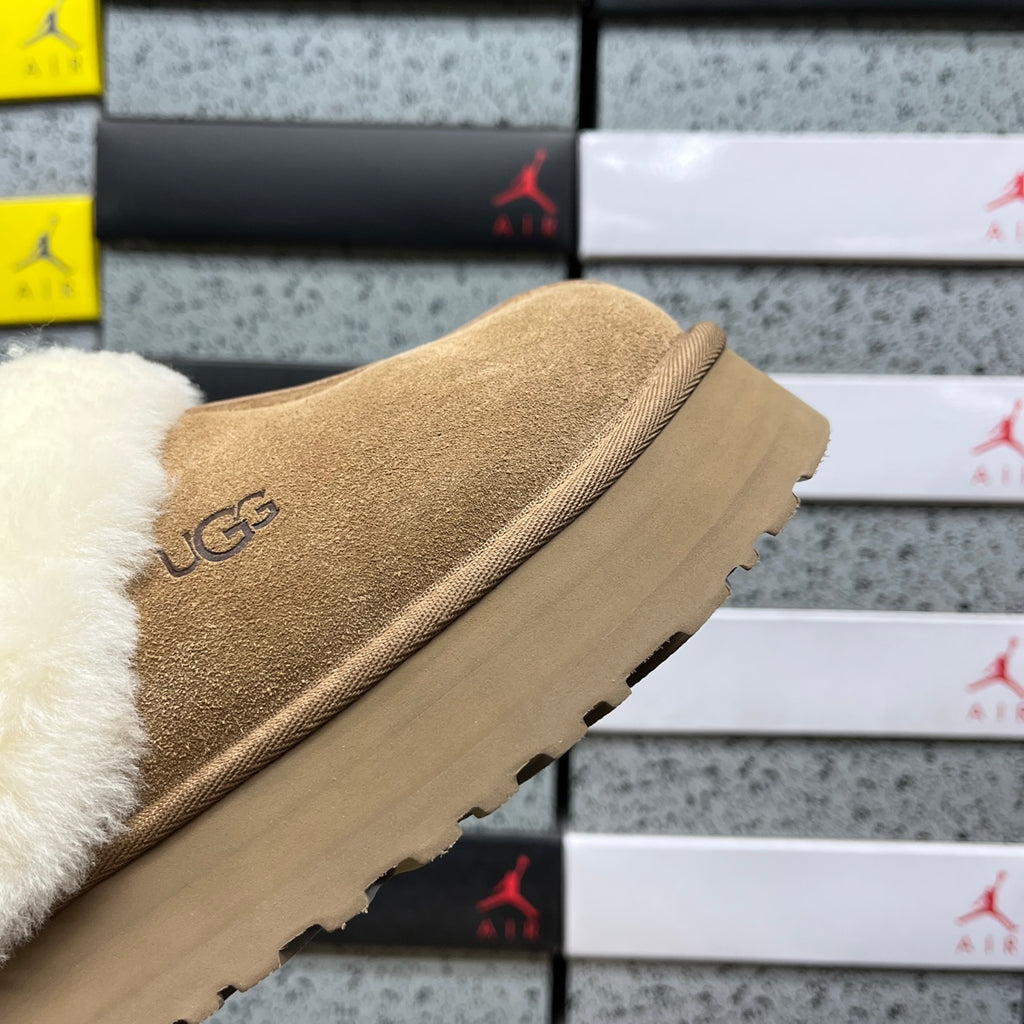 UGG Platform Slippers in Chestnut with Cream Plush Collar