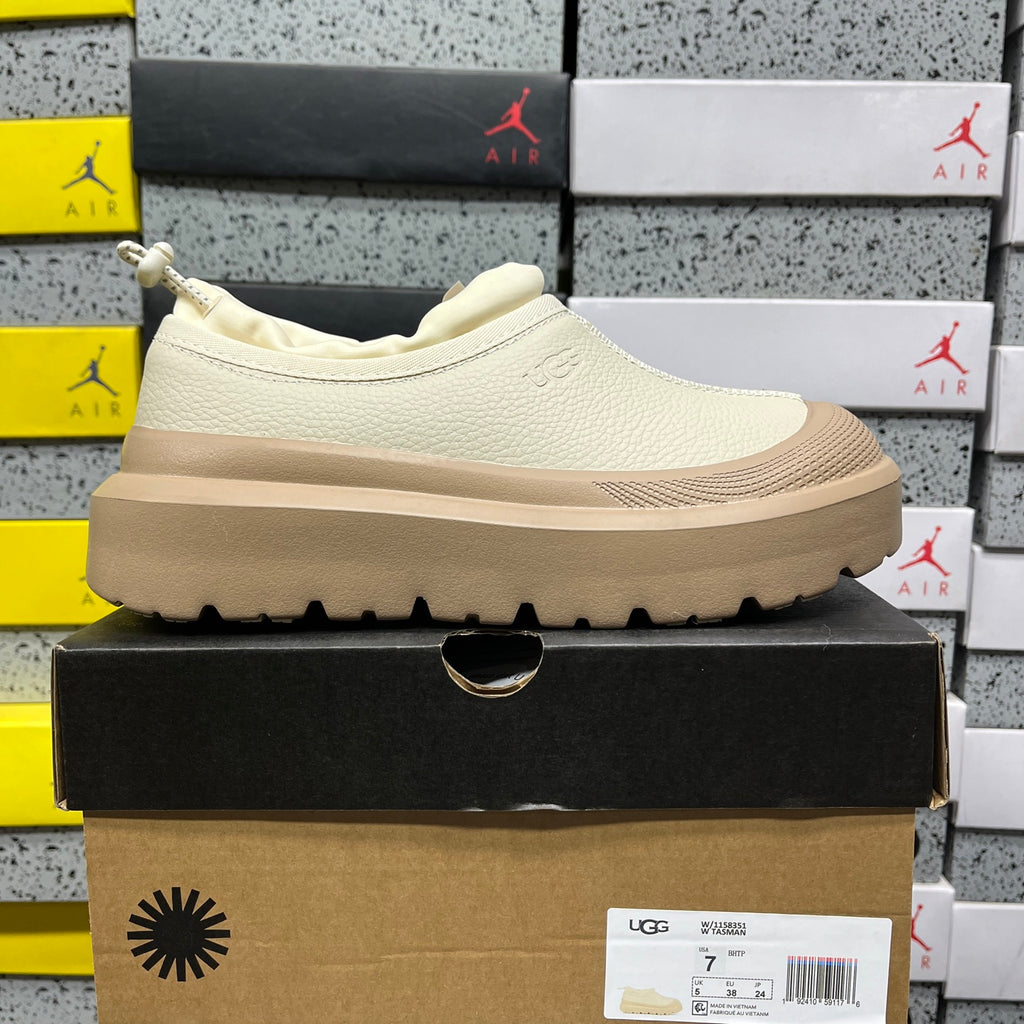 UGG Leather Slip-On Shoes in White with Tan Chunky Sole
