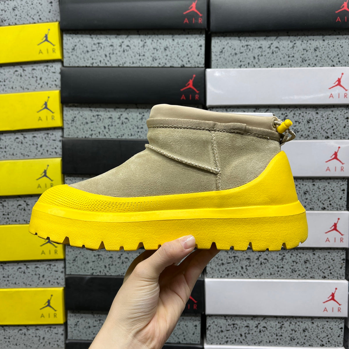UGG Slip-On Ankle Boots in Beige with Yellow Chunky Lug Sole