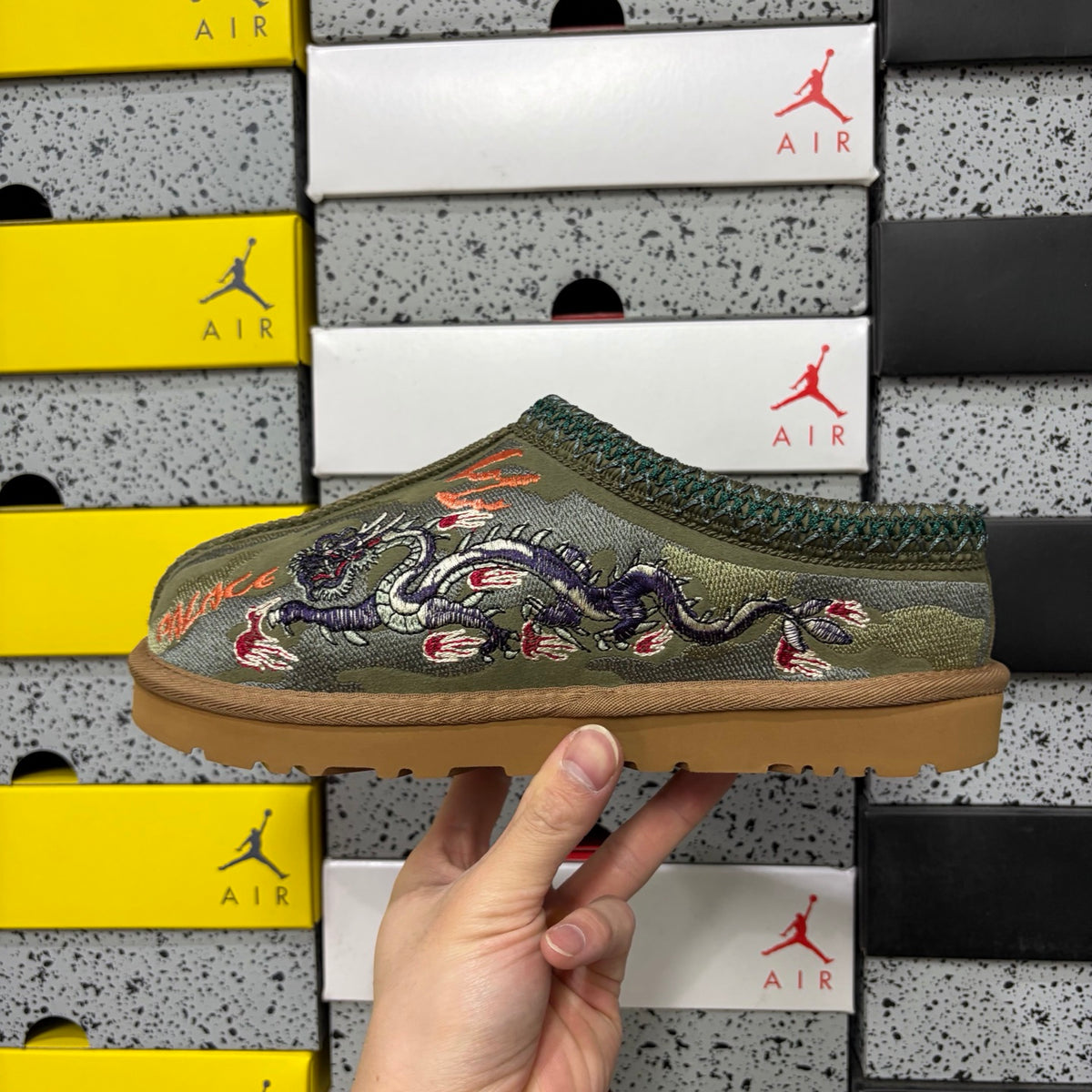 UGG Olive Green Slip-On Shoes with Dragon and Tiger Embroidery