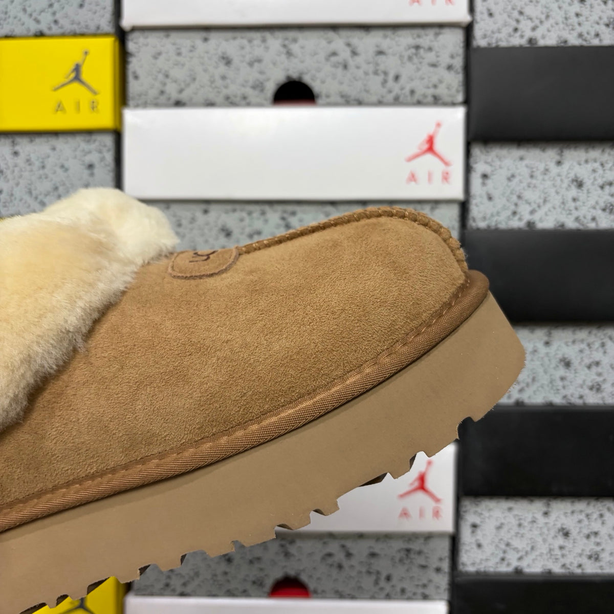 UGG Chestnut Slippers with Cream Plush Collar