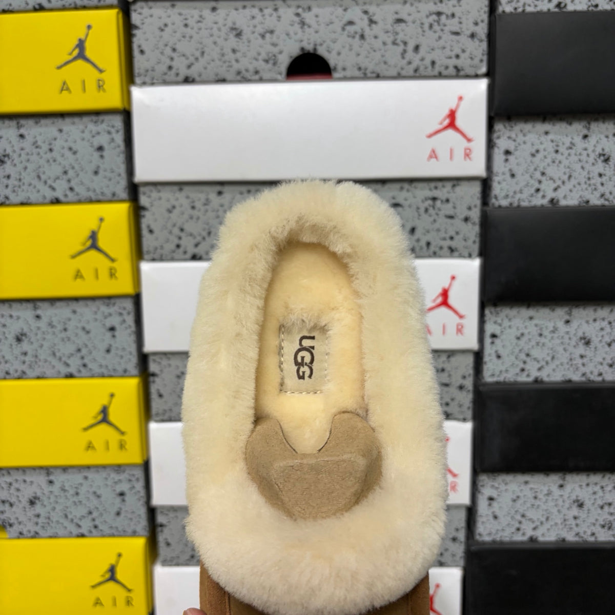 UGG Moccasin Slippers in Chestnut with Cream Plush Collar
