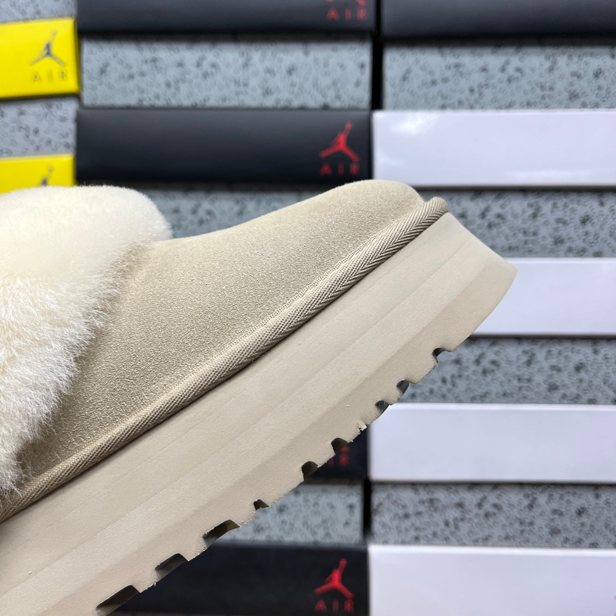 UGG Platform Slippers in Sand with Cream Plush Collar