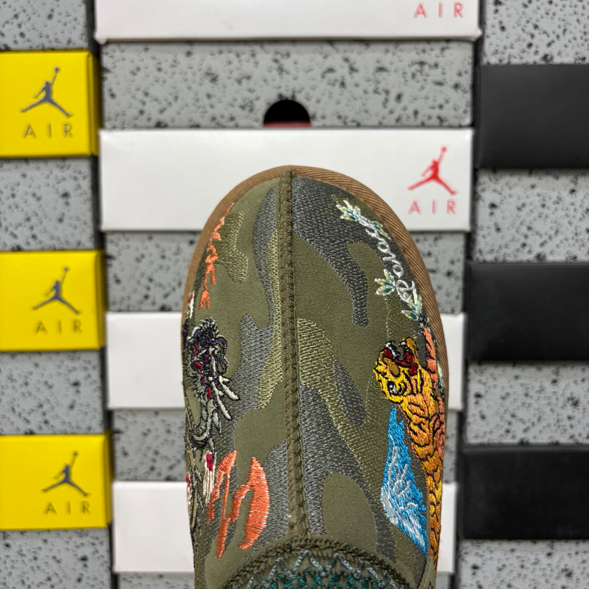 UGG Olive Green Slip-On Shoes with Dragon and Tiger Embroidery
