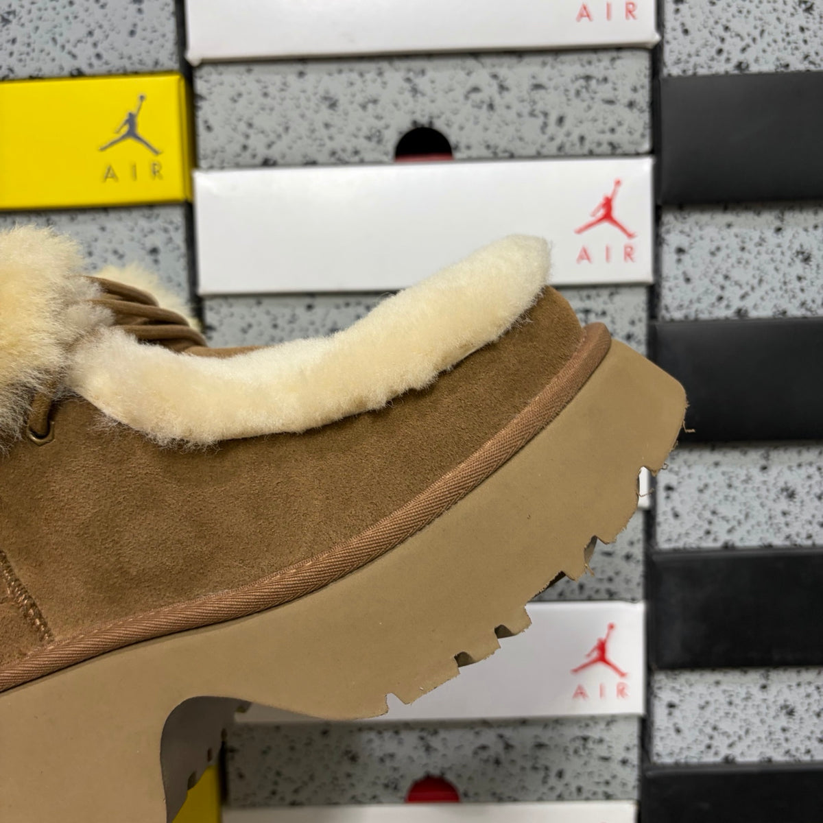 UGG Platform Slippers in Chestnut with Cream Plush Collar