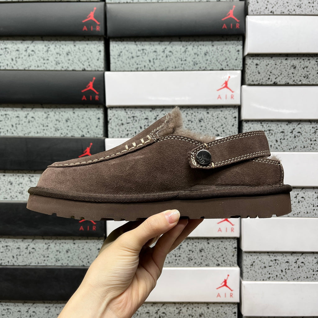 UGG Buckle-Strap Clogs in Dark Brown with Plush Lining