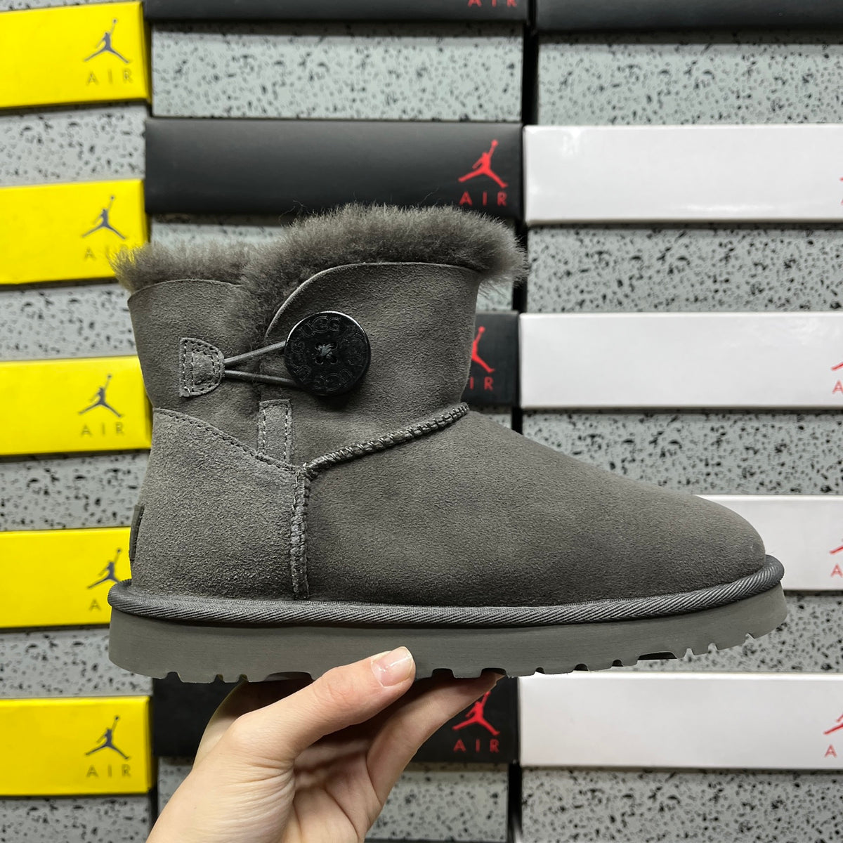 UGG Button-Detail Mini Boots in Gray with Plush Lining
