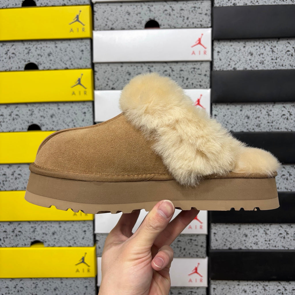 UGG Platform Slippers in Chestnut with Plush Collar