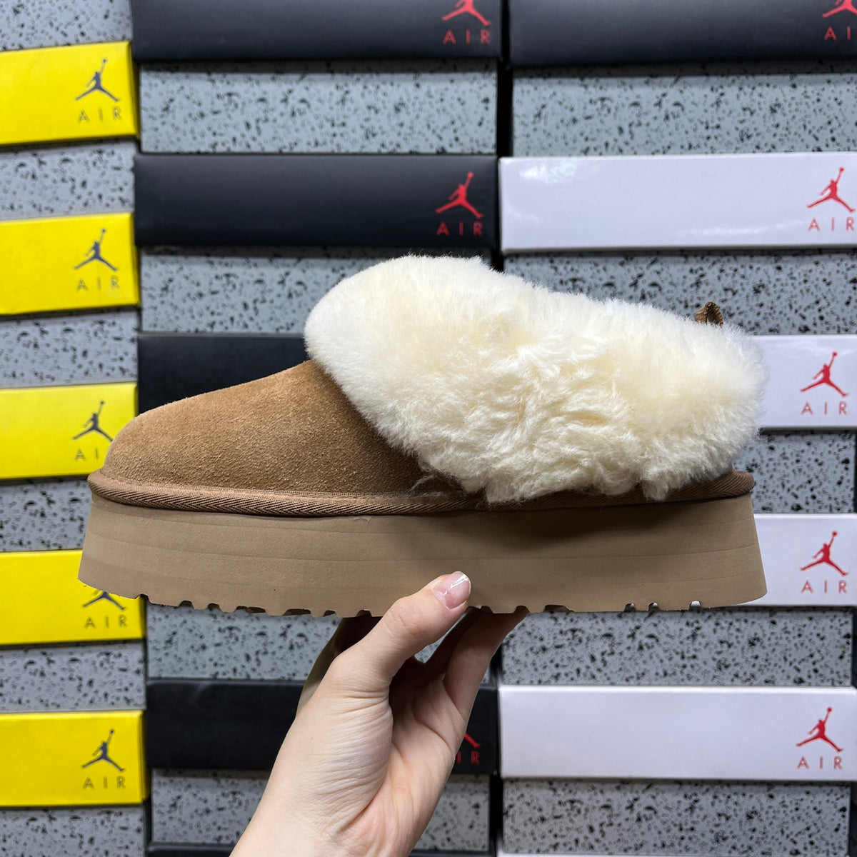 UGG Platform Slippers in Chestnut with Cream Plush Collar