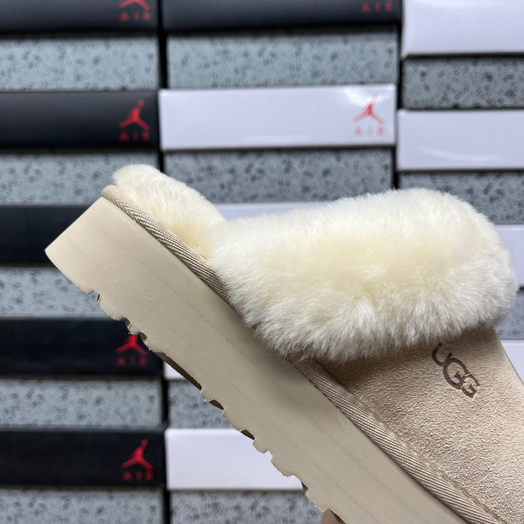 UGG Platform Slippers in Mustard Seed with Cream Plush Collar