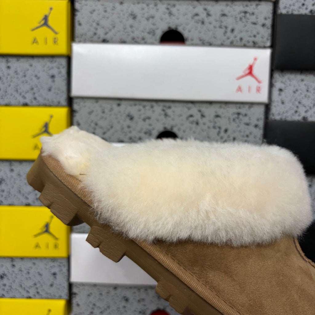 UGG Chestnut Mule Slippers with Cream Plush Collar and Notched Sole