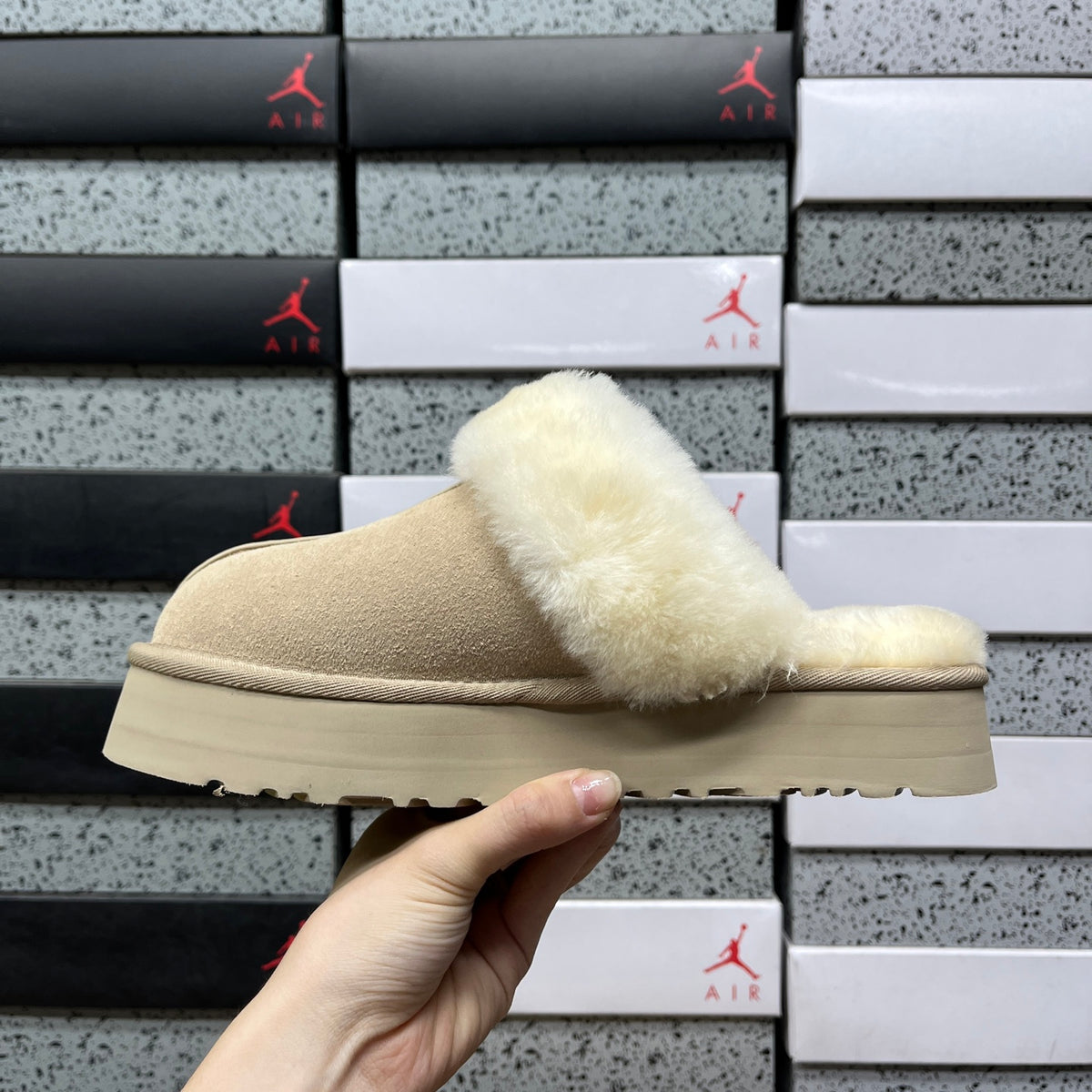 UGG Platform Slippers in Mustard Seed with Cream Plush Collar