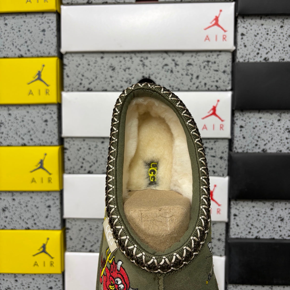 UGG Olive Green Slip-On Shoes with Colorful Cartoon Embroidery