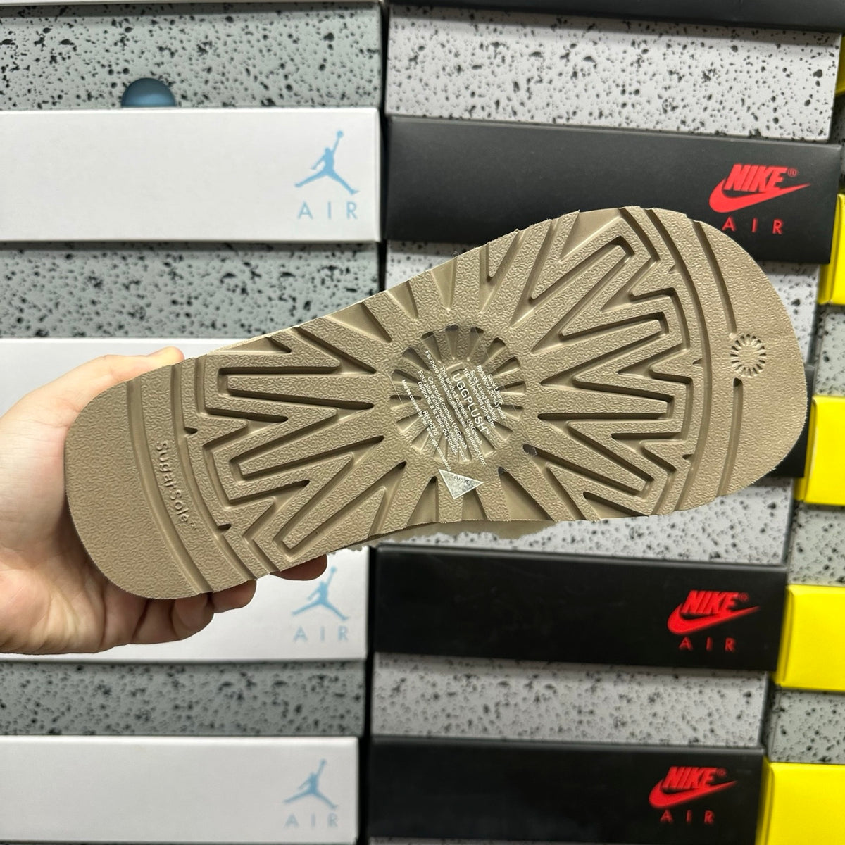 UGG Embroidered Mule Slippers in Khaki with Cream Plush Trim
