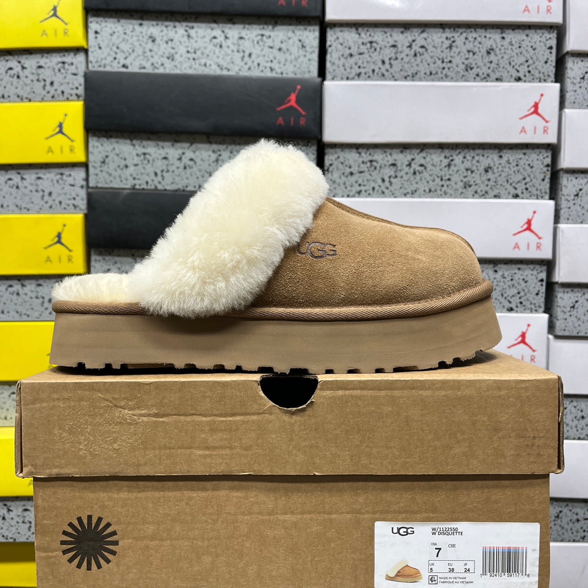 UGG Platform Slippers in Chestnut with Cream Plush Collar