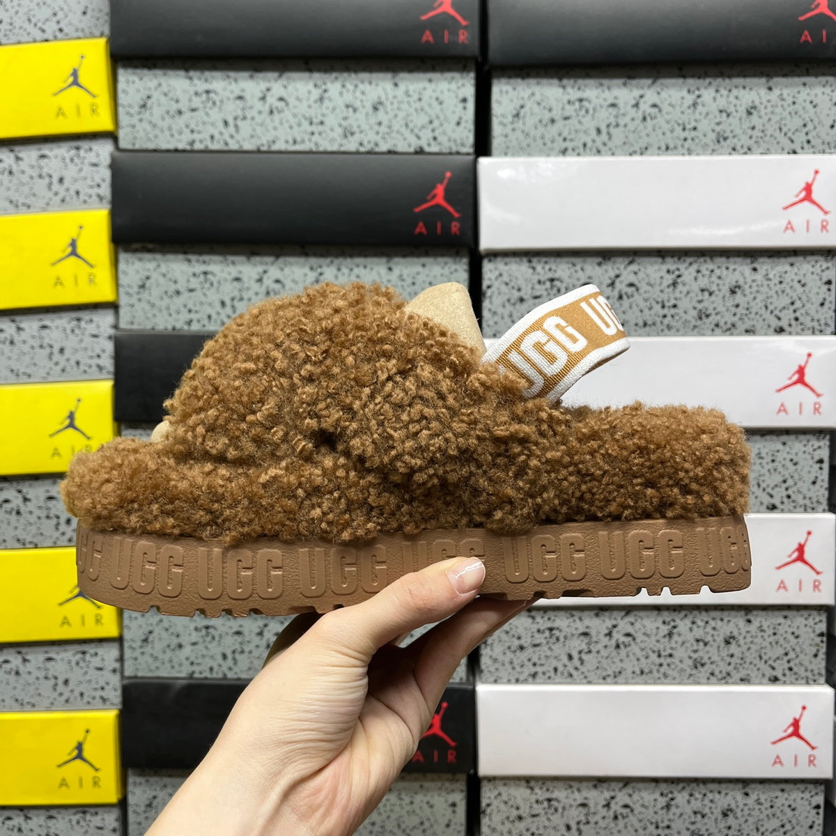 UGG Fluffy Platform Sandals in Chestnut with Crossover Straps