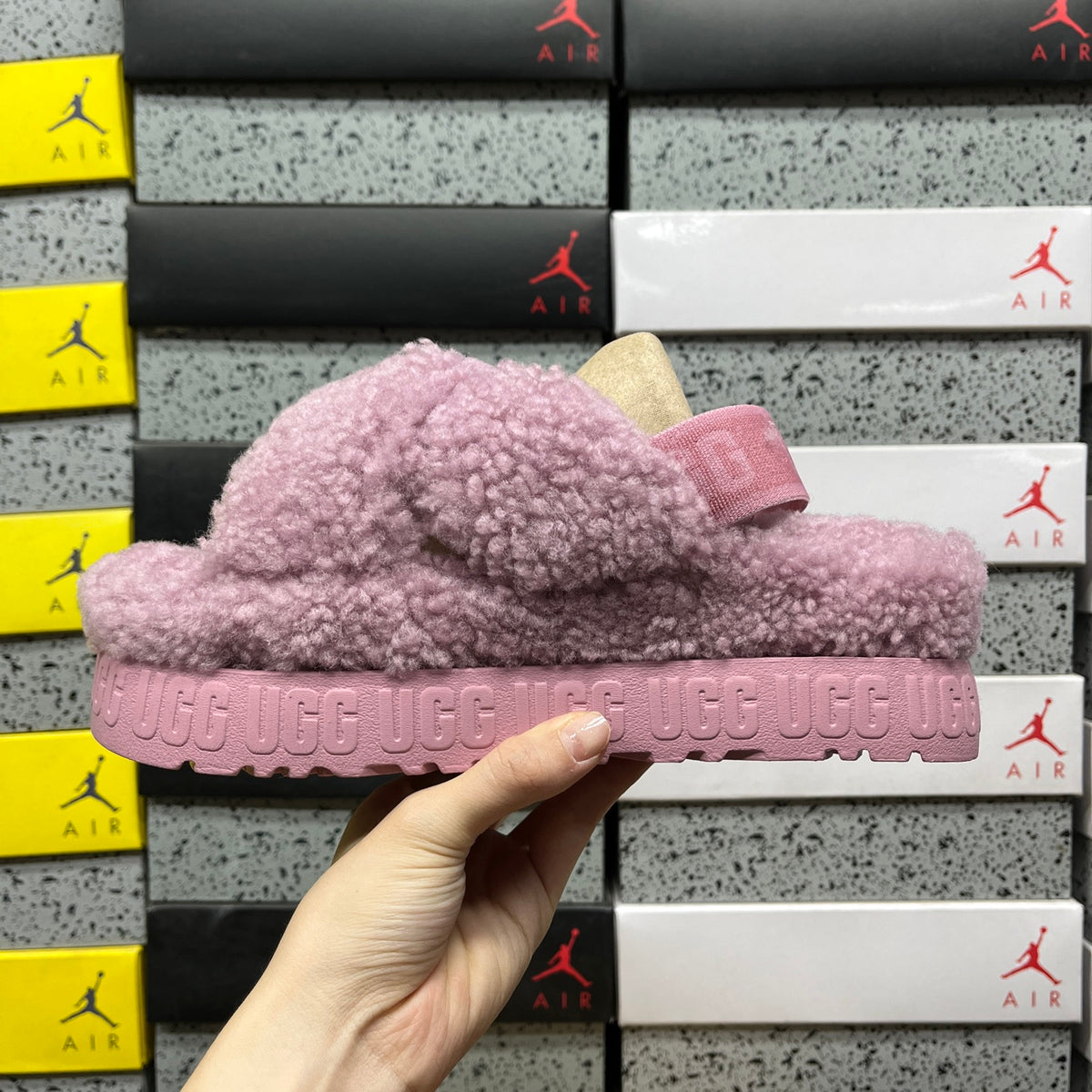 UGG Fluffy Platform Sandals in Grayish Purple with Crossover Straps