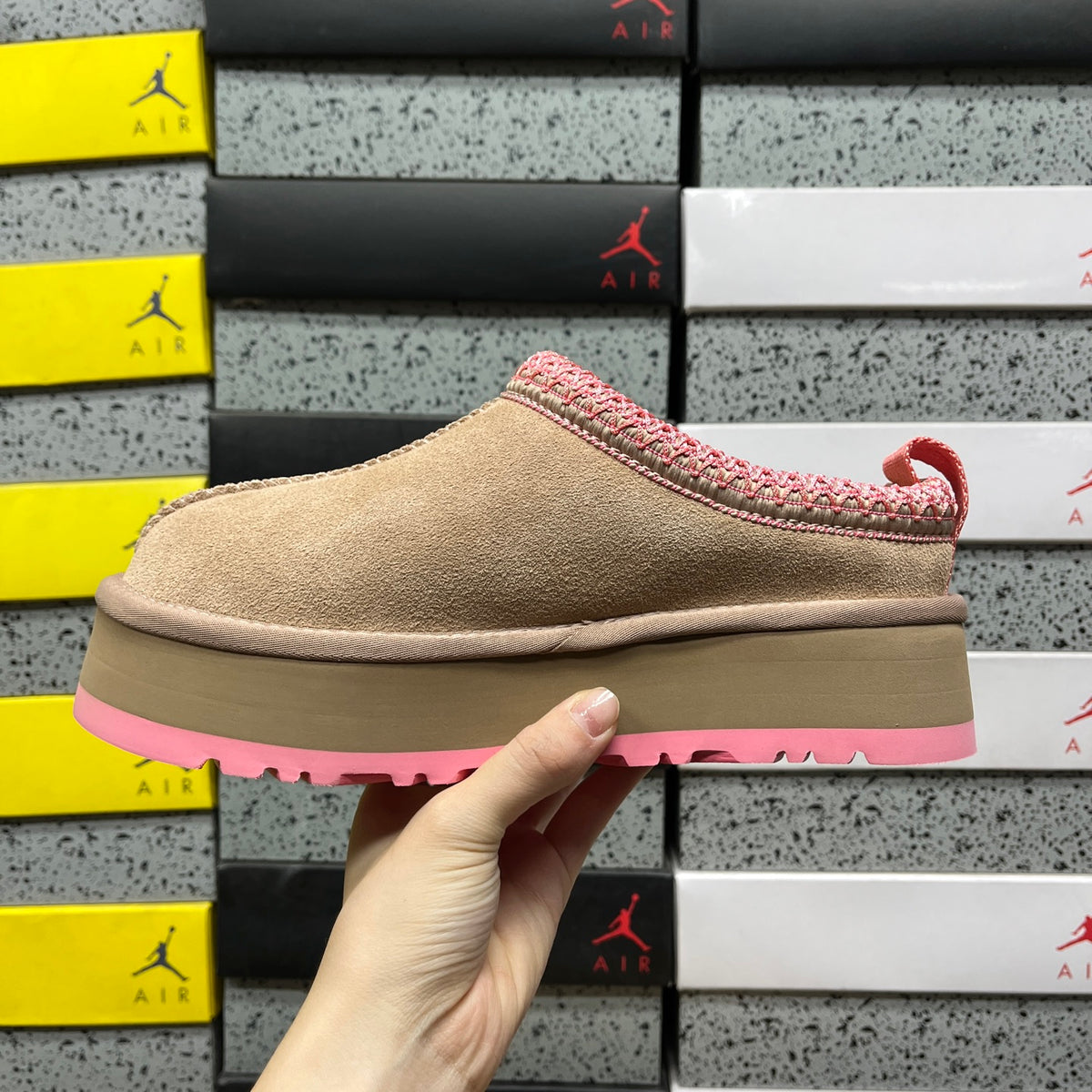 UGG Platform Slip-On Shoes in Tan with Pink Trim