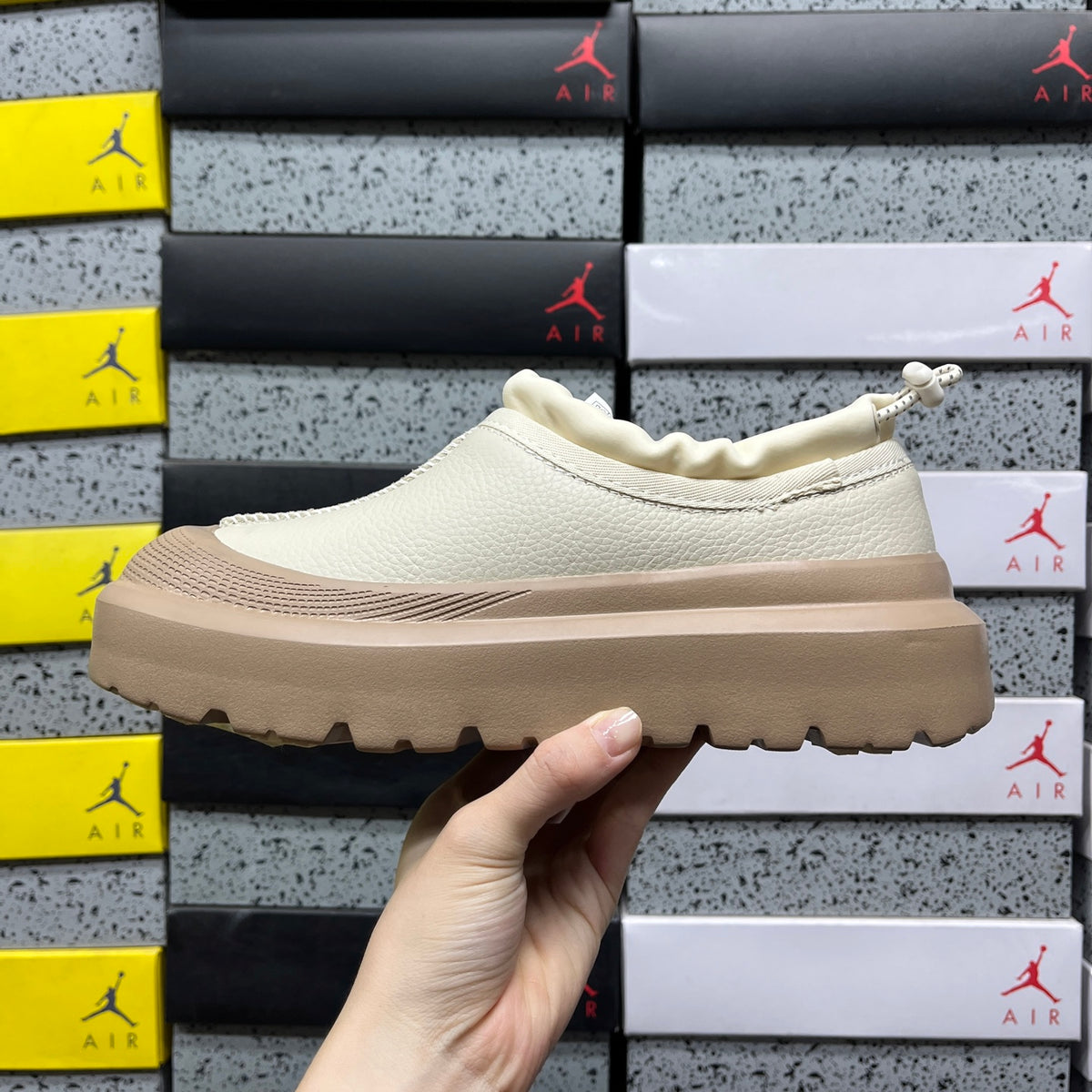 UGG Leather Slip-On Shoes in White with Tan Chunky Sole