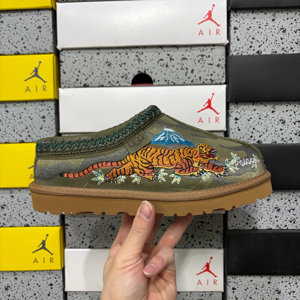 UGG Olive Green Slip-On Shoes with Dragon and Tiger Embroidery