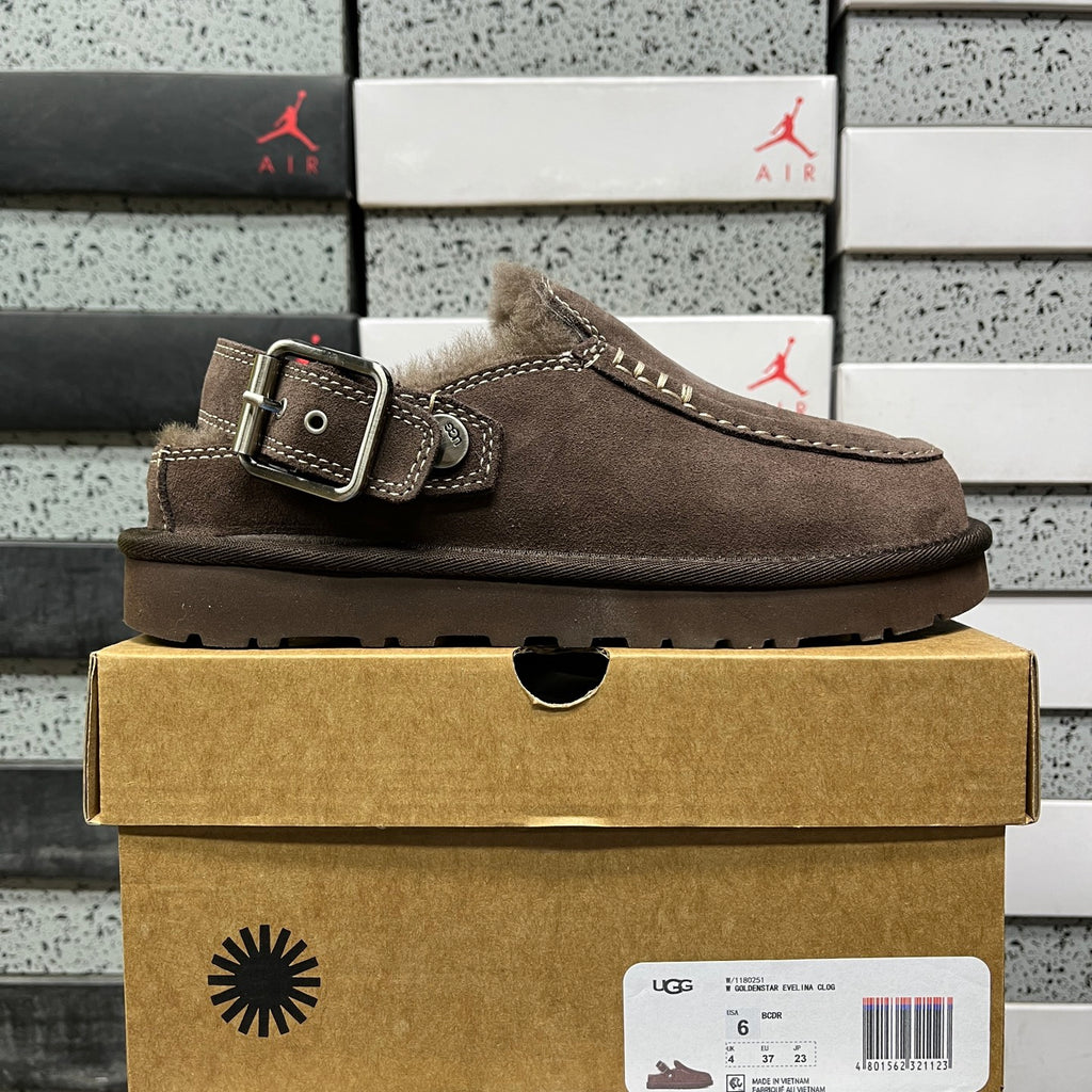 UGG Buckle-Strap Clogs in Dark Brown with Plush Lining