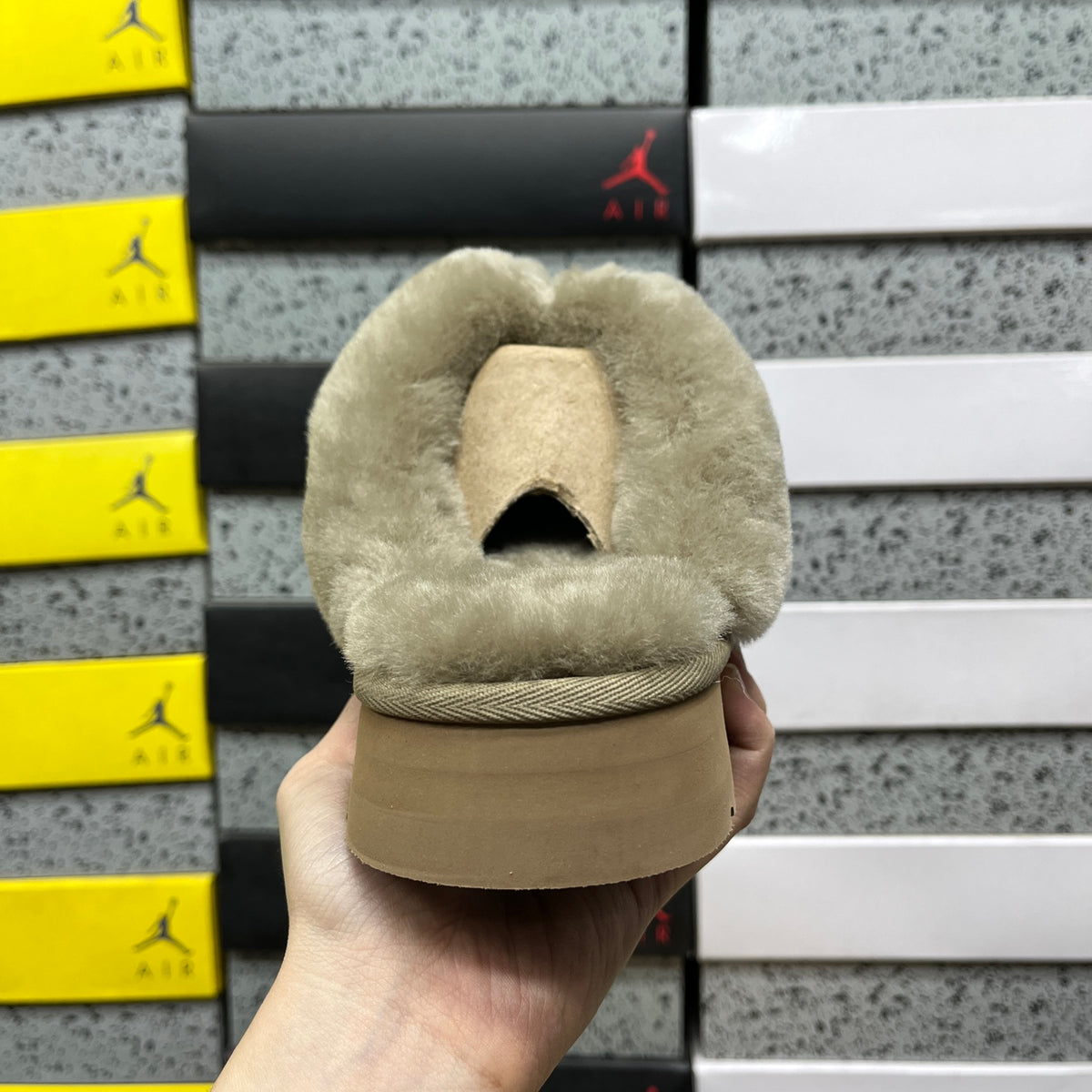 UGG Platform Slippers in Antelope Brown with Plush Collar