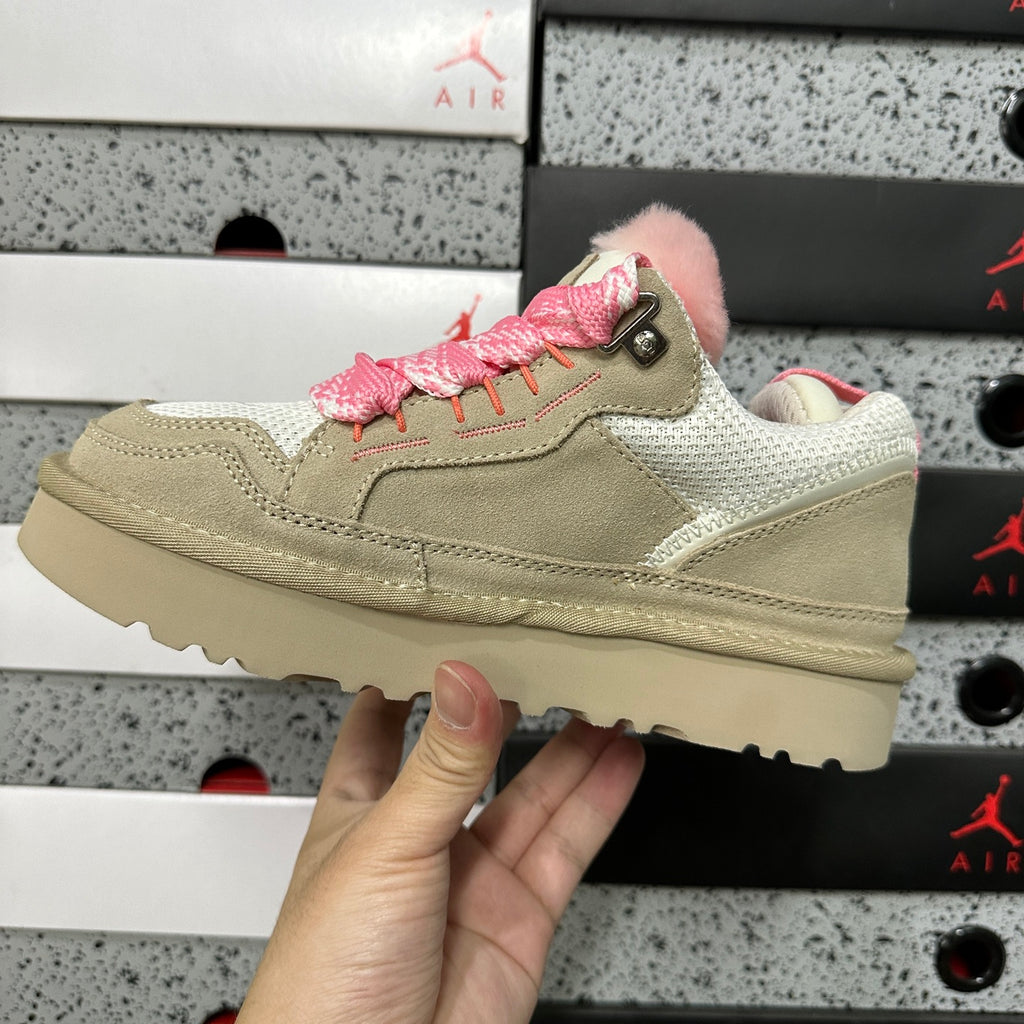 UGG Low-Cut Lace-Up Shoes in White and Pink with Chunky Sole