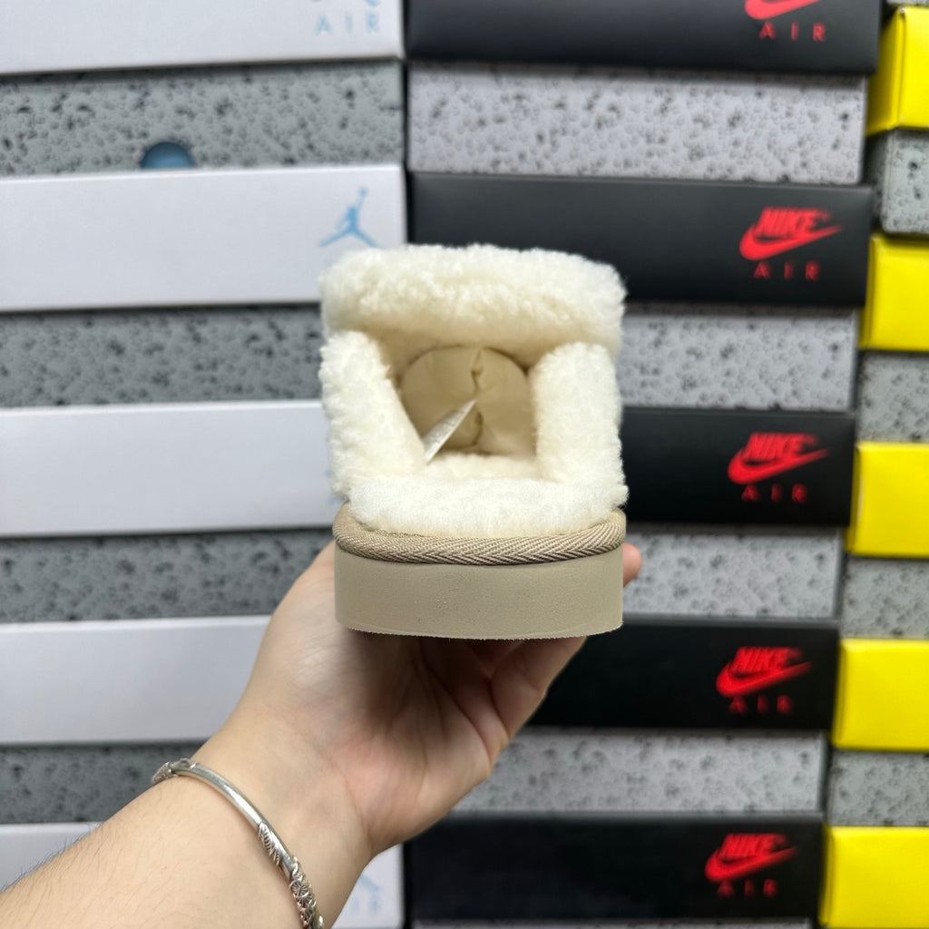 UGG Embroidered Mule Slippers in Khaki with Cream Plush Trim