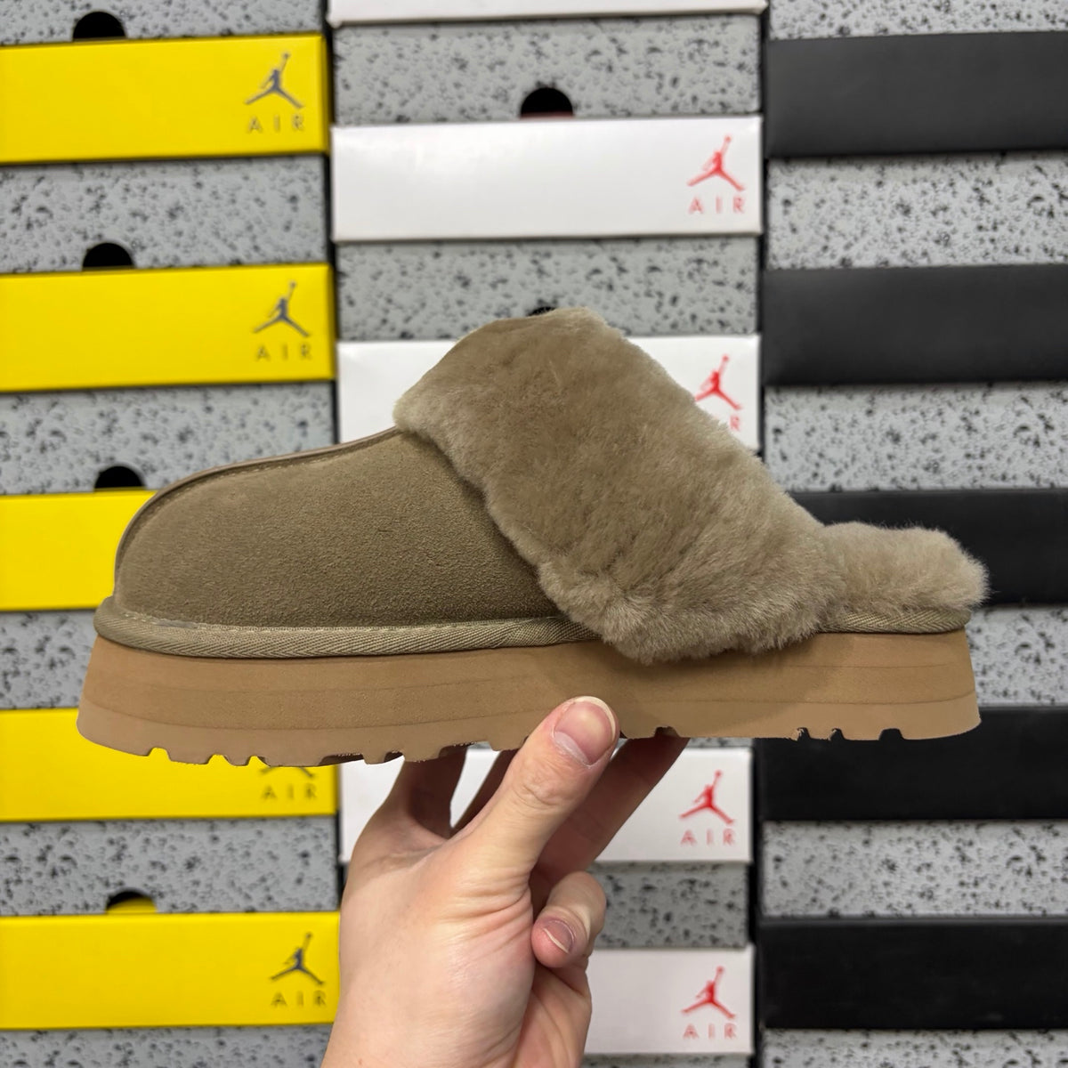 UGG Platform Slippers in Antelope Brown with Plush Collar