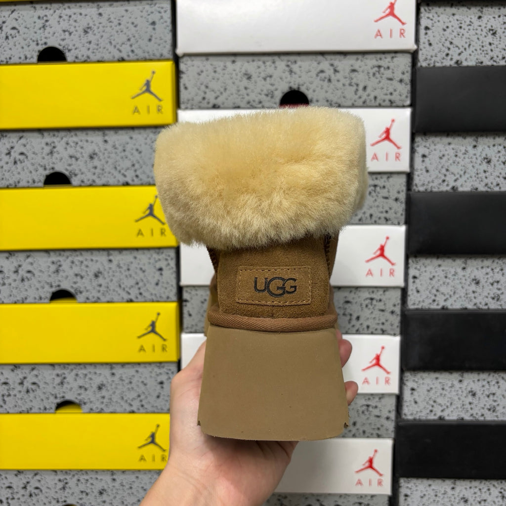 UGG Platform Slippers in Chestnut with Cream Plush Collar