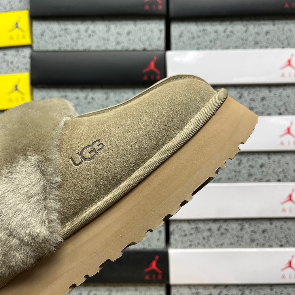 UGG Platform Slippers in Antelope Brown with Plush Collar