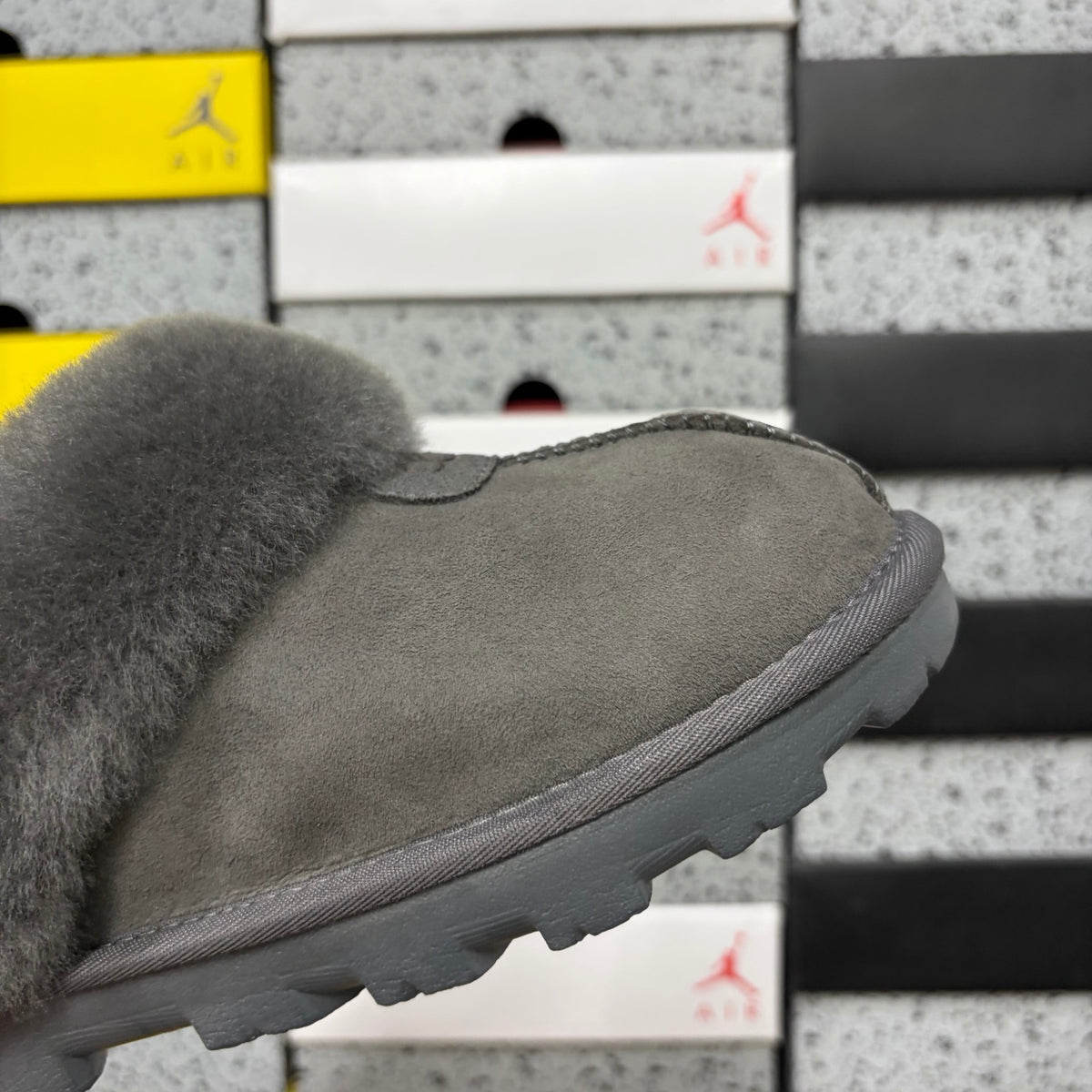 UGG Gray Mule Slippers with Plush Collar and Notched Sole
