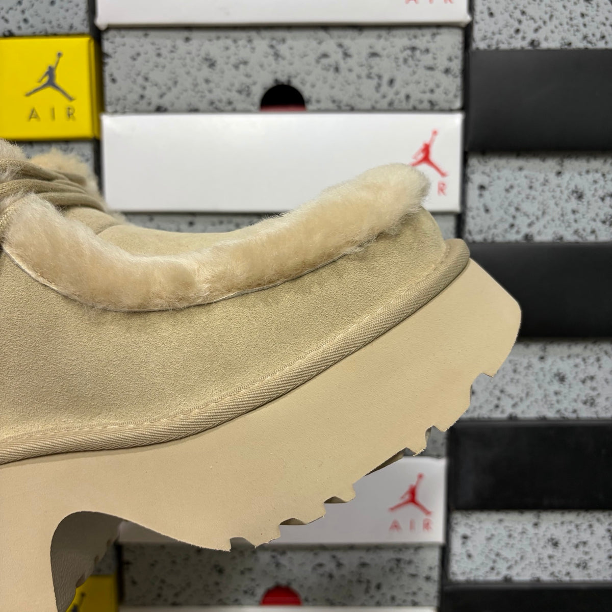 UGG Platform Ankle Boots in Sand with Plush Cuff and Block Heel