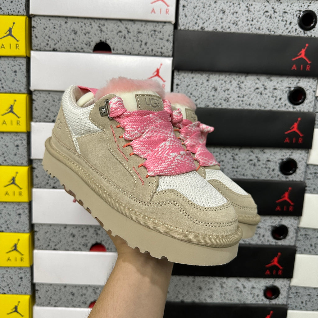 UGG Low-Cut Lace-Up Shoes in White and Pink with Chunky Sole