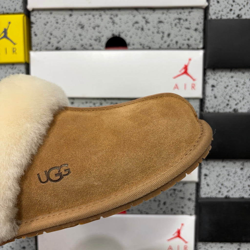 UGG Chestnut Mule Slippers with Cream Plush Collar